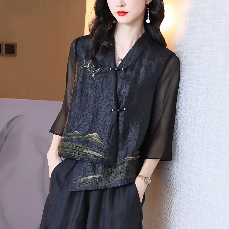 Frühling Sommer Elegant Chinesischer Stil Design Strickjacken Hemden Damen Kunstseide Vintage Bestickt Asymmetrische Blusen