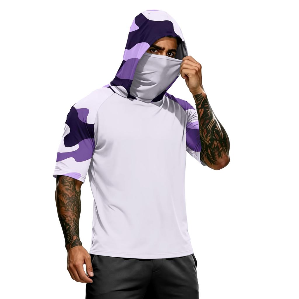Men's Short Sleeve Hooded T Shirt Casual Camouflage Print Raglan Sleeve Pullover Lightweight Top for Outdoor Sports