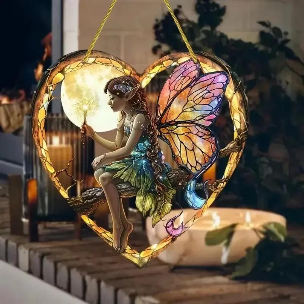 Elf Pendant Magic Fairy Wand Sun Catcher Colorful Heart Acrylic Garden Outdoor Decoration Wall Hanging 1Pc Butterfly