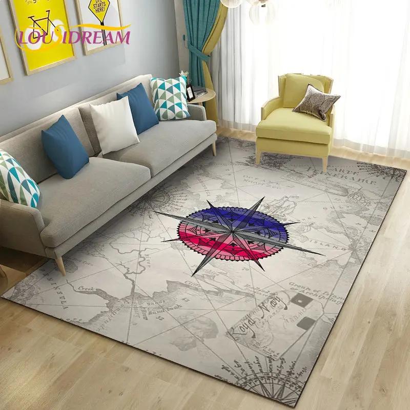 Retro Compass Vintage World Map Area Rug,Carpet Rug for Living Room Bedroom Sofa Doormat Decoration,Kid Play Non-slip Floor Mat