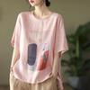 Cotton Linen T Shirts Women Fashion Vintage Art Printed T-shirt Casual Loose O-neck Short Sleeve Tops Summer Trend Thin Tshirt
