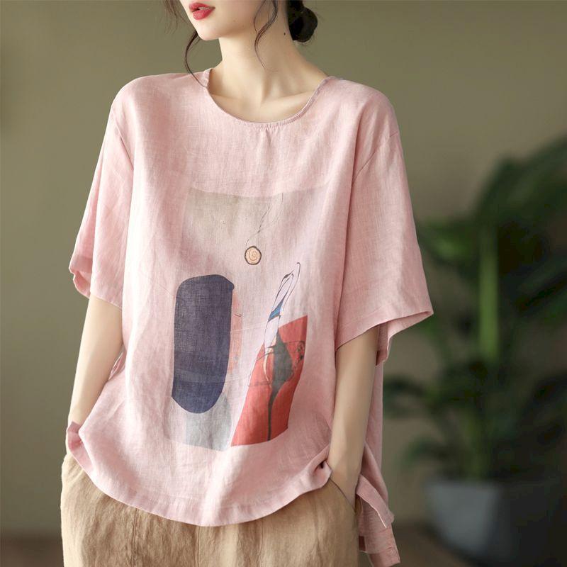 Cotton Linen T Shirts Women Fashion Vintage Art Printed T-shirt Casual Loose O-neck Short Sleeve Tops Summer Trend Thin Tshirt