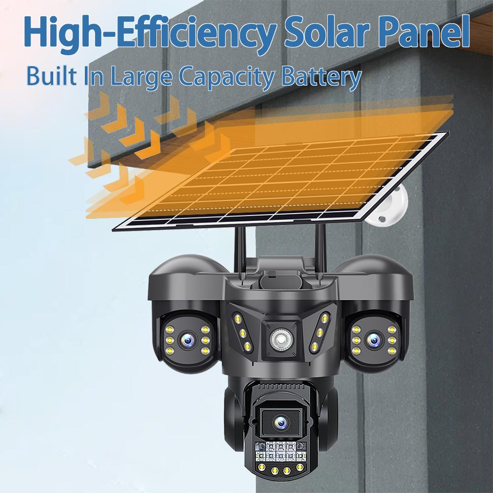 Solar IP Camera – HD Triple Lens & Triple Screen, Night Vision, Waterproof, Wireless Network Surveillance