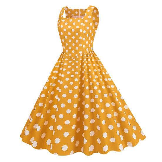 Damenkleid im Retro-Stil, A-Linie, großer Schwung, eng, hohe Taille, ärmellos, quadratischer Ausschnitt, Punktdruck