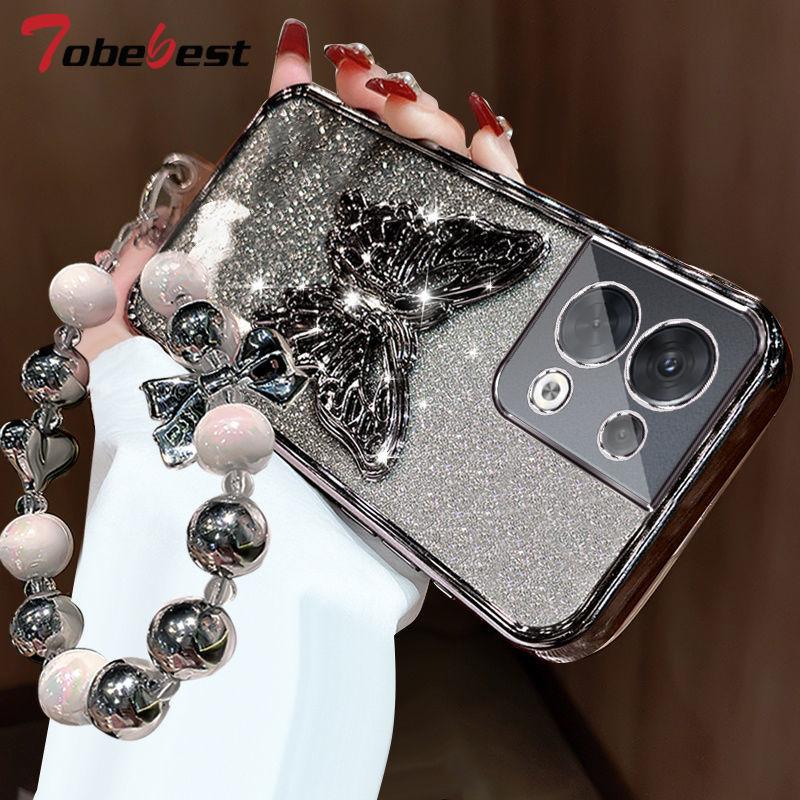 3D Vlinder Telefoonhouder Kralenarmband Glanzende Plating Hoesje voor OPPO Reno 8 7 Pro Plus 4G 5G Achterkant