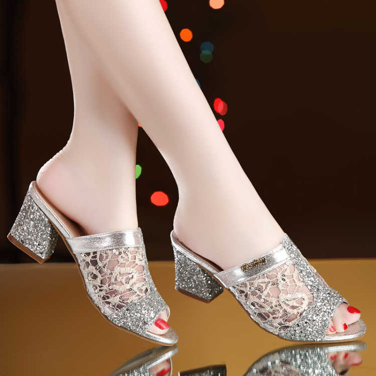 Damen-Sommer-Slip-On-Sandalen, offene Zehenpartie, Kristall, klobige Absätze, Flip-Flops
