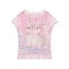 Women's Cute Bunny Print Ruffled Trim Short Sleeve T-Shirt Kawaii Pink Casual Top