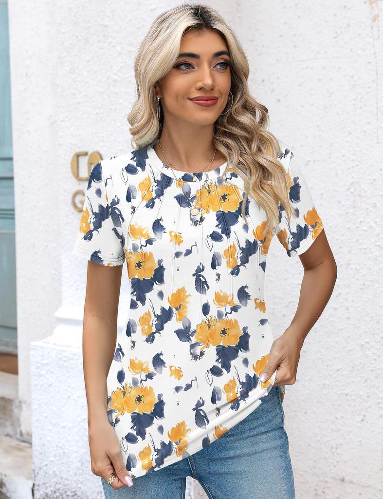 Spring/Summer Women's Pleated Short Sleeve Solid Color T-Shirt