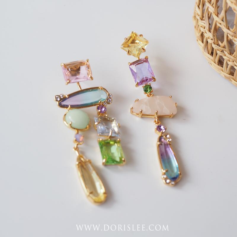 Asymmetrical Rainbow Rhinestone Ear Clips for Women, No Piercing Needed