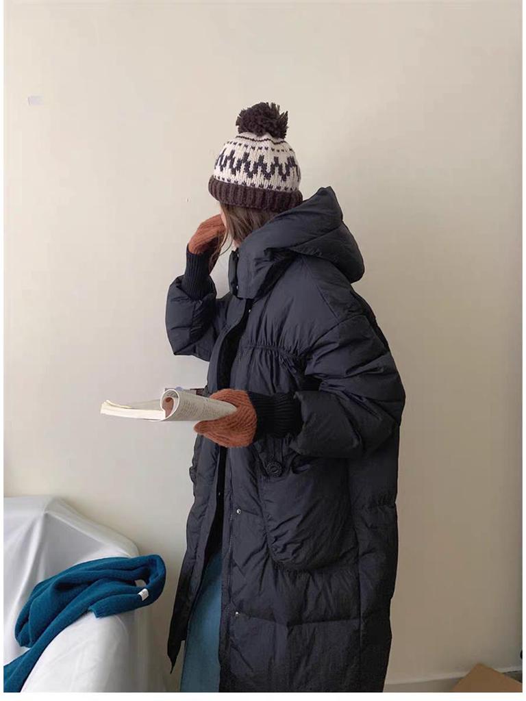 2025 Women's White Mid-Length Hooded Down Jacket - Winter Korean Style, Over-the-Knee, Loose Fit, Thick & Warm Coat