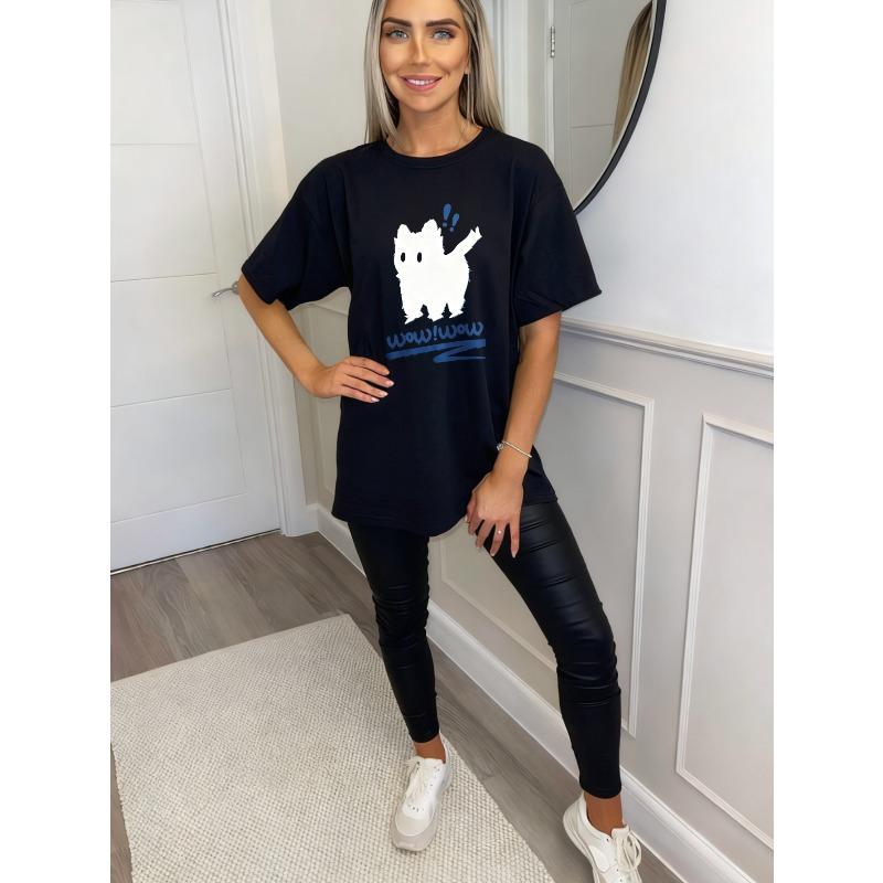 Oversize T-shirt Czarny Uroczy Biały Pies Z Nadrukiem Tekstu Wow Codzienny Strój Dla Kobiet Letni Strój Street Style Modny Top