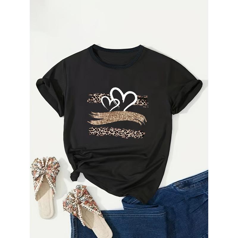 Storlek Plus Hjärttryckt T-shirt, Casual Rundhalsad Kortärmad T-shirt, Damkläder Storlek Plus Europeisk Storlek