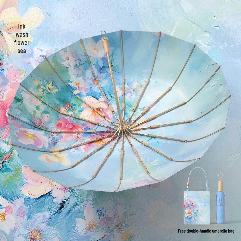 Xiaohongshu Bestseller: Oversized Chinese-Style Folding Umbrella for Sun and Rain (Women's Sun Protection, Thickened Color Gel Print)