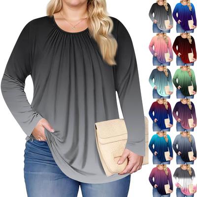 Women's Plus Size Fashion Printed Casual Pleated Round Neck Long Sleeve Top