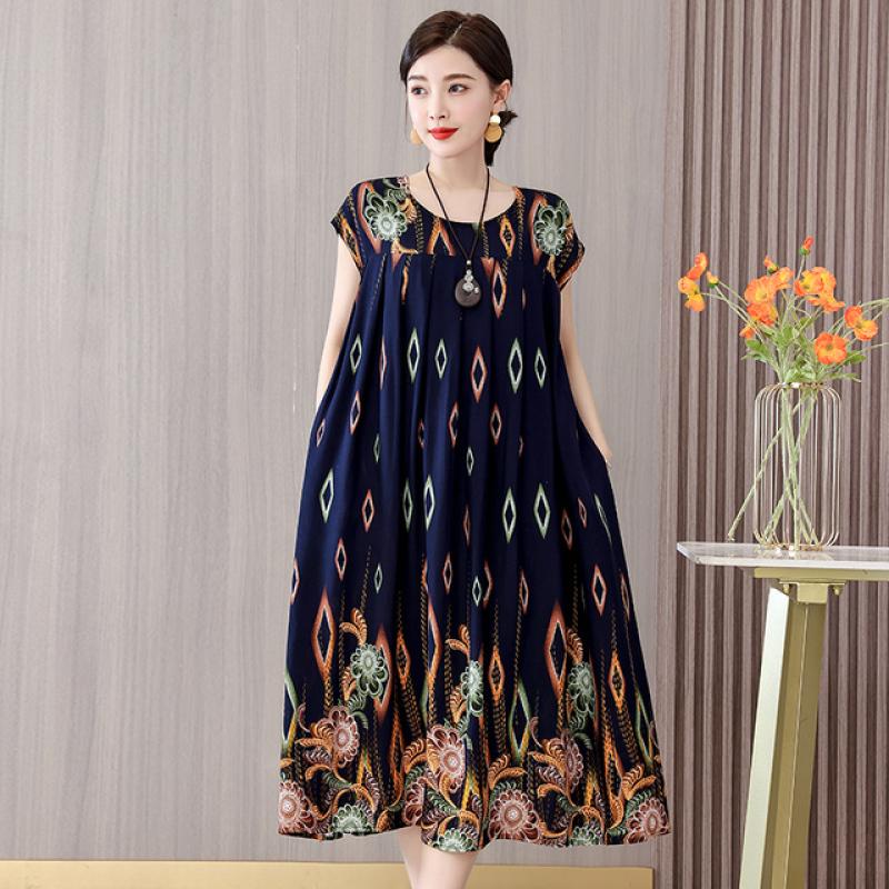 New Hot Fashion Casual 2025 Summer Dress For Women Print Loose O-Neck Cotton Women Clothing Dresses Plus Size