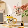 Summer New Straw Cup Doodle Animal Ceramic Water Cup with Lid Cartoon Mug Water Cup High End Cute