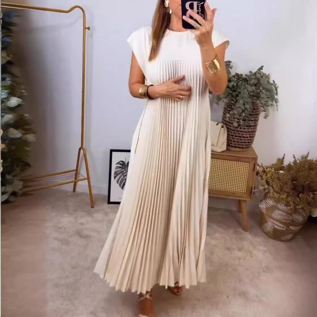 Elegant Summer Dress For Women With High Waist Pockets In Polyester Fabric For Office Wear