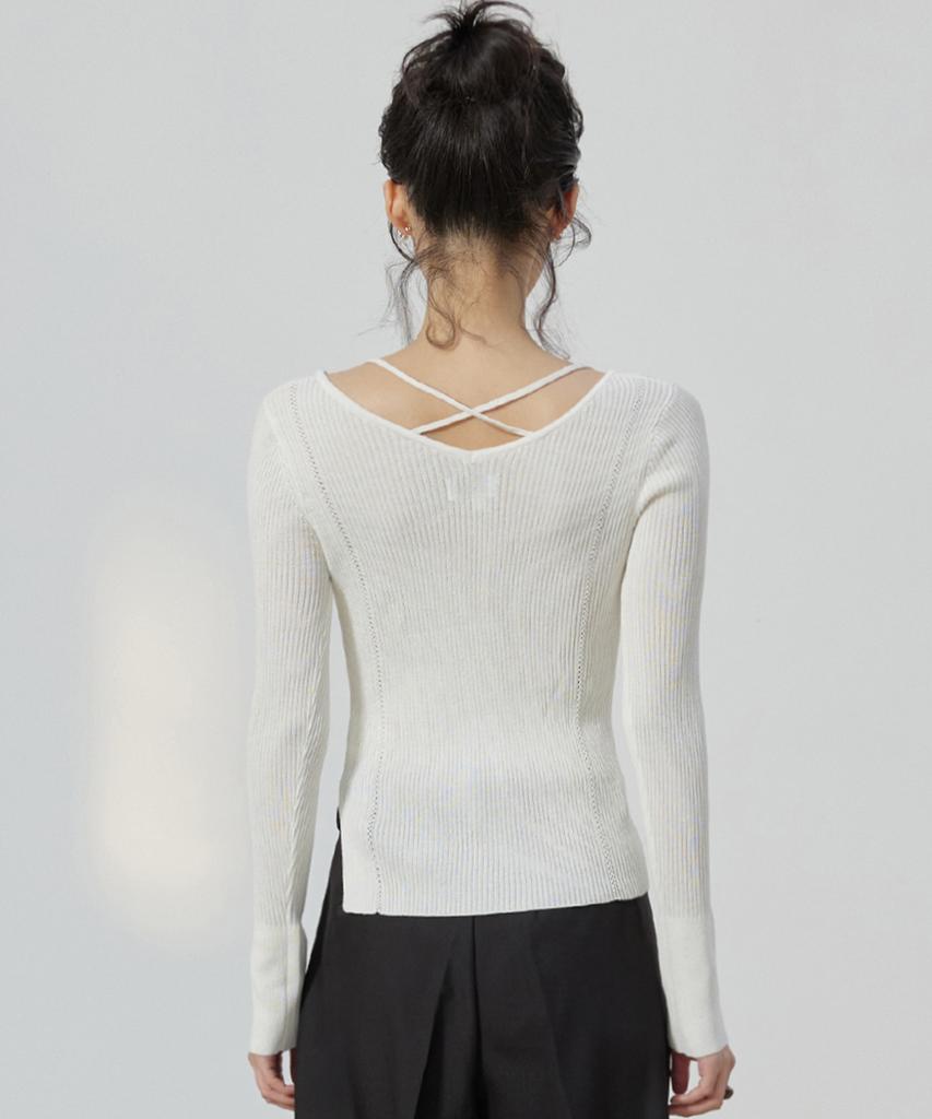 Michikoleondeonkosino X Strap Ribbed Knit Top Ivory