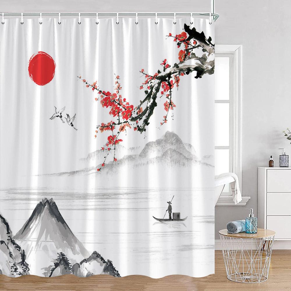 Chinese Ink Painting Shower Curtains Blossom Red Sun Koi Bamboo Mountain Landscape Bath Curtain Polyester Bathtub Decorations