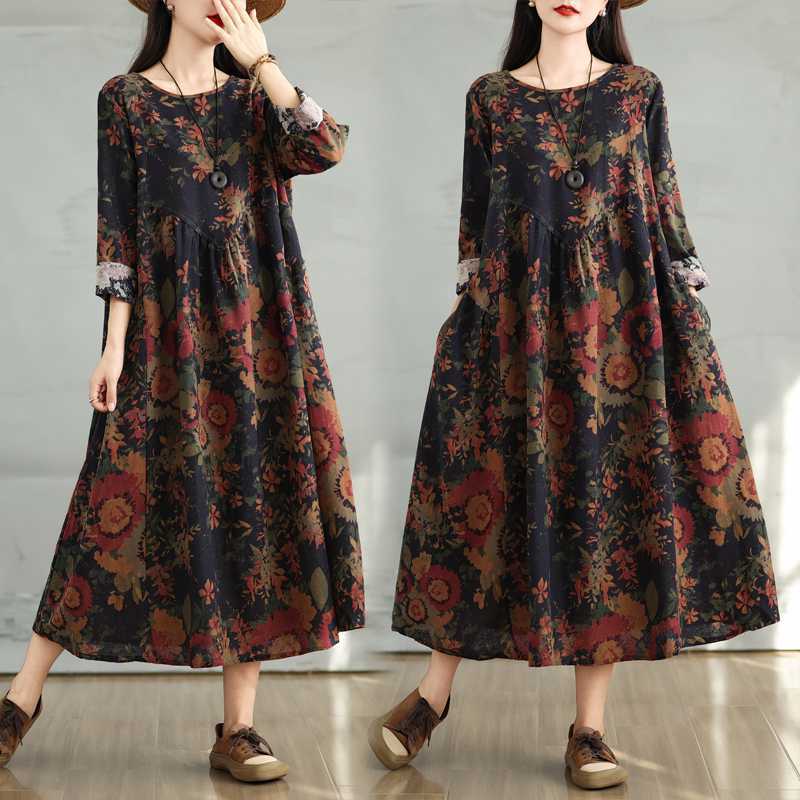 Cotton Vintage Print Floral Dresses Women Casual Loose Long Sleeve Dress Femme Robe Vestidos Elegant Spring Autumn Clothing