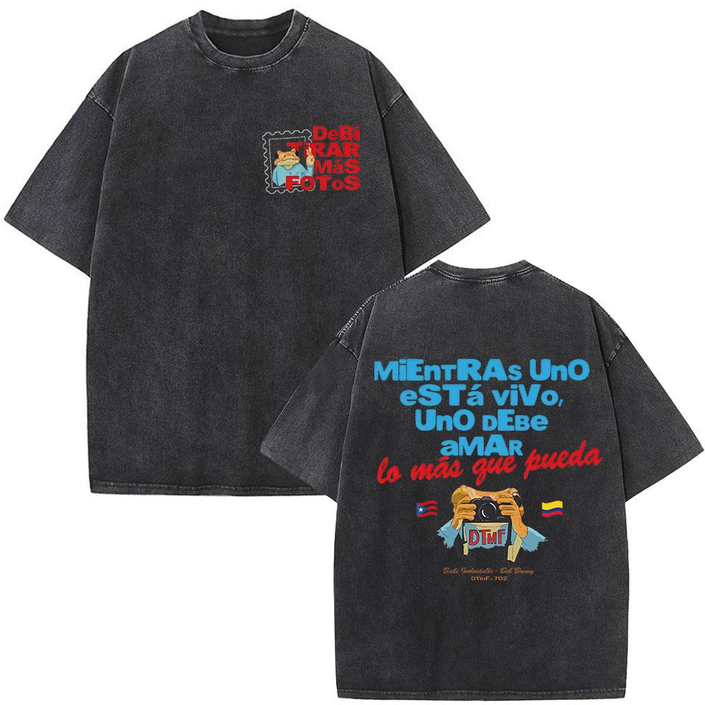 Rapper Bad Bunny Vintage Washed T Shirts Debi Tirar Mas Fotos DTMF Album Tshirts Mens Clothing Fashion Hip Hop Cotton Tshirt