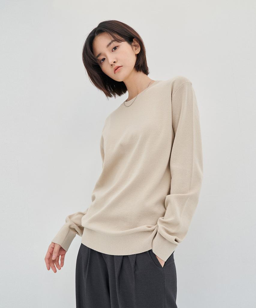 BASIC HOUSE Uni Supima Semi-Overfit Round Neck Knit Cream Lwkt2101