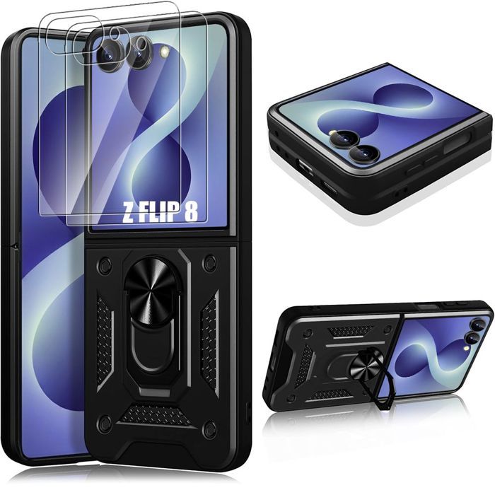 Coque + 2 Verres Trempés pour Samsung Galaxy Z Flip 8, Antichoc Rigide Bumper avec Support - Noir