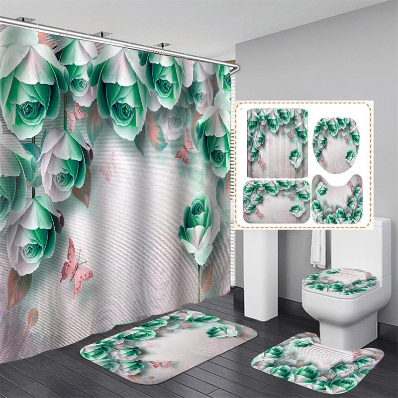 Flower Rose Shower Curtains Waterproof Polyester Bathroom Curtain with Hooks Bathtub Curtain Soft Floor Rugs Non-slip Bath Mat Bathroom Decor 4pcs