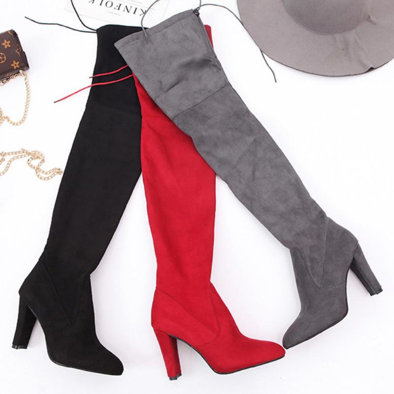 Winter Over The Knee Women Boots Stretch Fabrics High Heel Slip On Shoes Pointed Toe Woman Long Boots Size Plus Size 35-43
