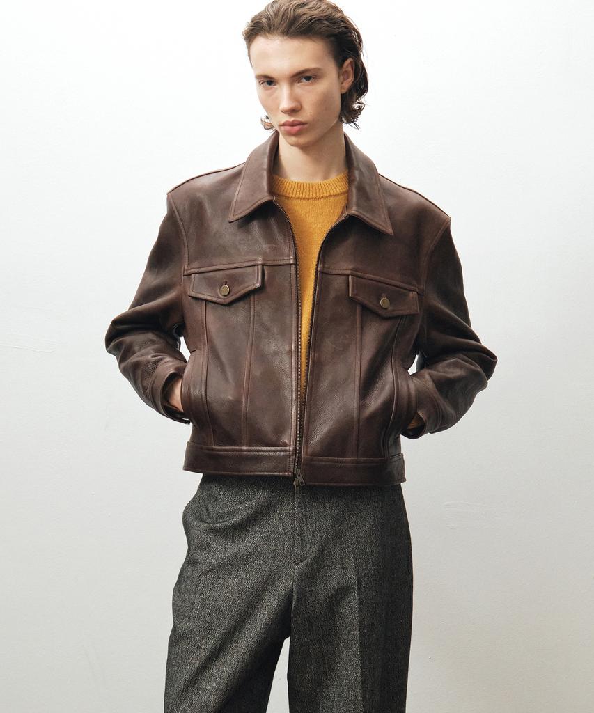 Noirer Antique Cow Leather Trucker Jacket (Brown)