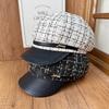 Simple light luxury small fragrant splicing leather brim newsboy hat women's autumn and winter octagonal hat with diamonds bow beret