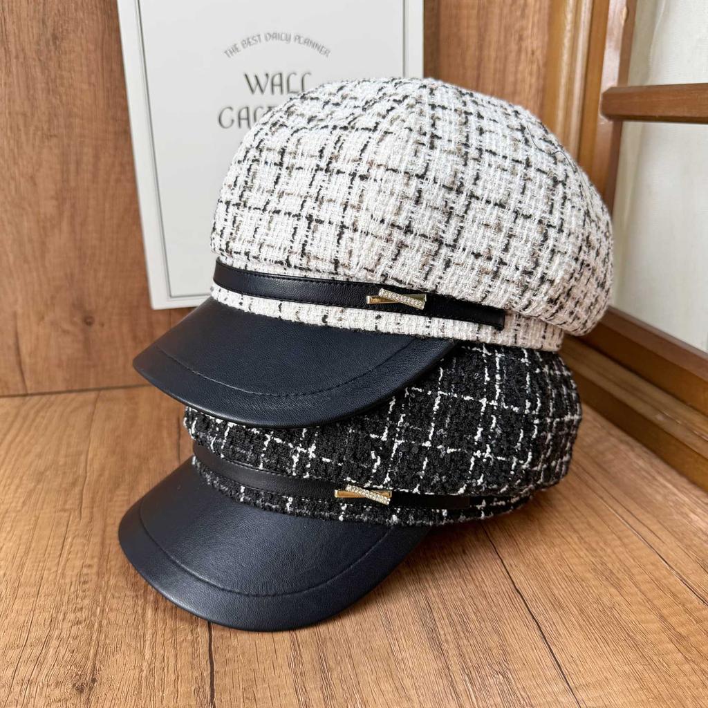 Simple light luxury small fragrant splicing leather brim newsboy hat women's autumn and winter octagonal hat with diamonds bow beret