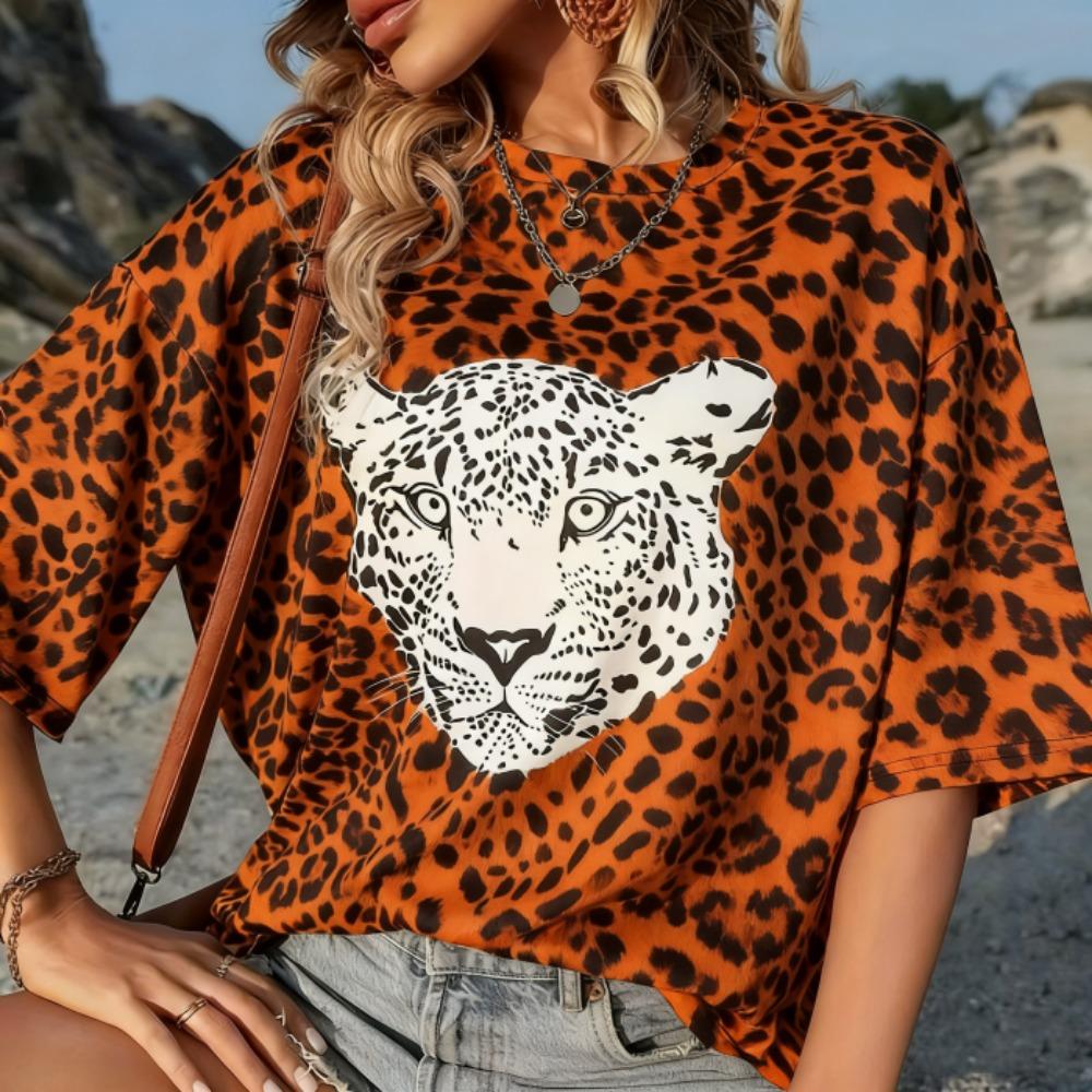 Europe and America Leopard Print Kids T-shirt Boy's Short Sleeve Casual Crew Tee Tops Girl Retro Street Fashion Kids Clothing