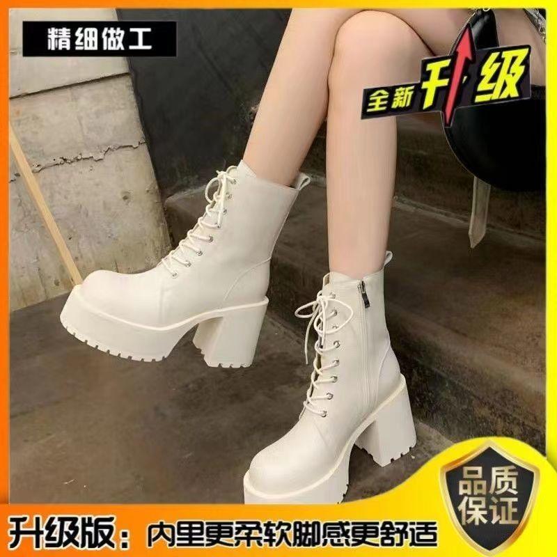 Women's Boots Fashion Thick Heel High Heel Boots  Casual Leather Boot Lace-up Platform Boot Side Zip Ladies Mid-Calf Boots