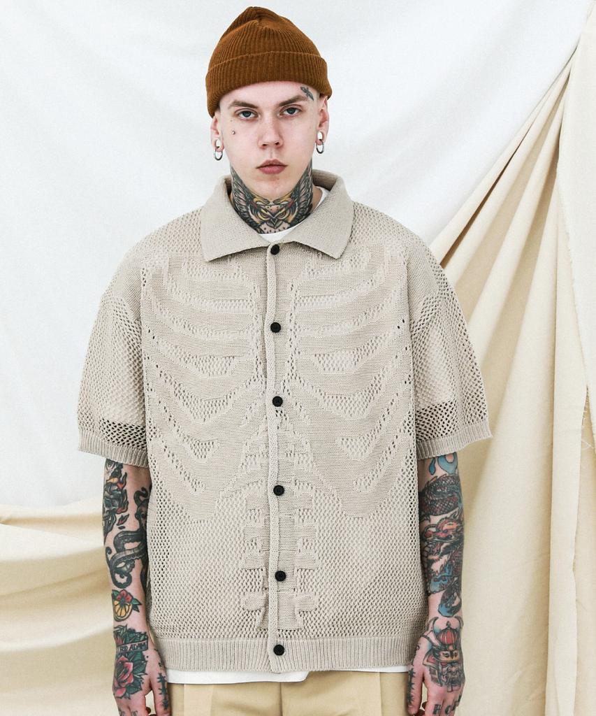 Stage Name Skeleton Short Sleeve Knit Shirt Cardigan_Sand Beige