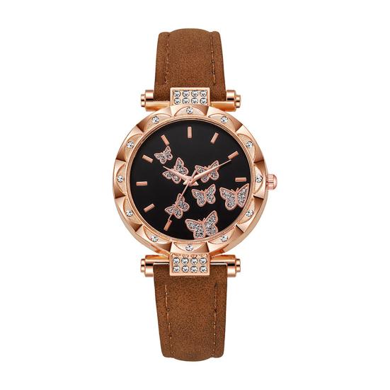 Ladies Butterfly Watch Artificial Leather Strap Quartz Watch Rhinestone Round Dial Fashionable Wristwatch for Women Party Office Date