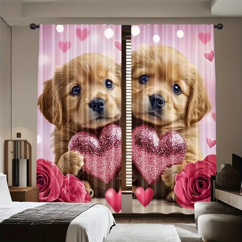 Set aus 2 süßen, fürsorglichen Hunde-Print-Vorhängen Geeignet Schlafzimmer Wohnzimmer Küche Dekoration Heimfenster Hergestellt Polyester Flächenbehandlung