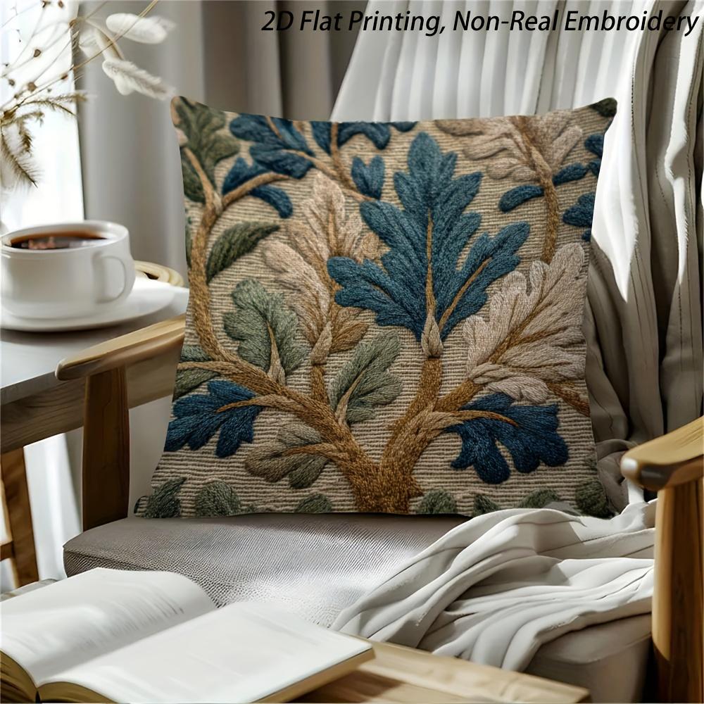 Vintage Boho Blatt Kissenbezug Kunststickerei Botanischer Druck Rustikale Leinenstruktur Kissenhülle für Sofa Bett Couch Heimdekoration