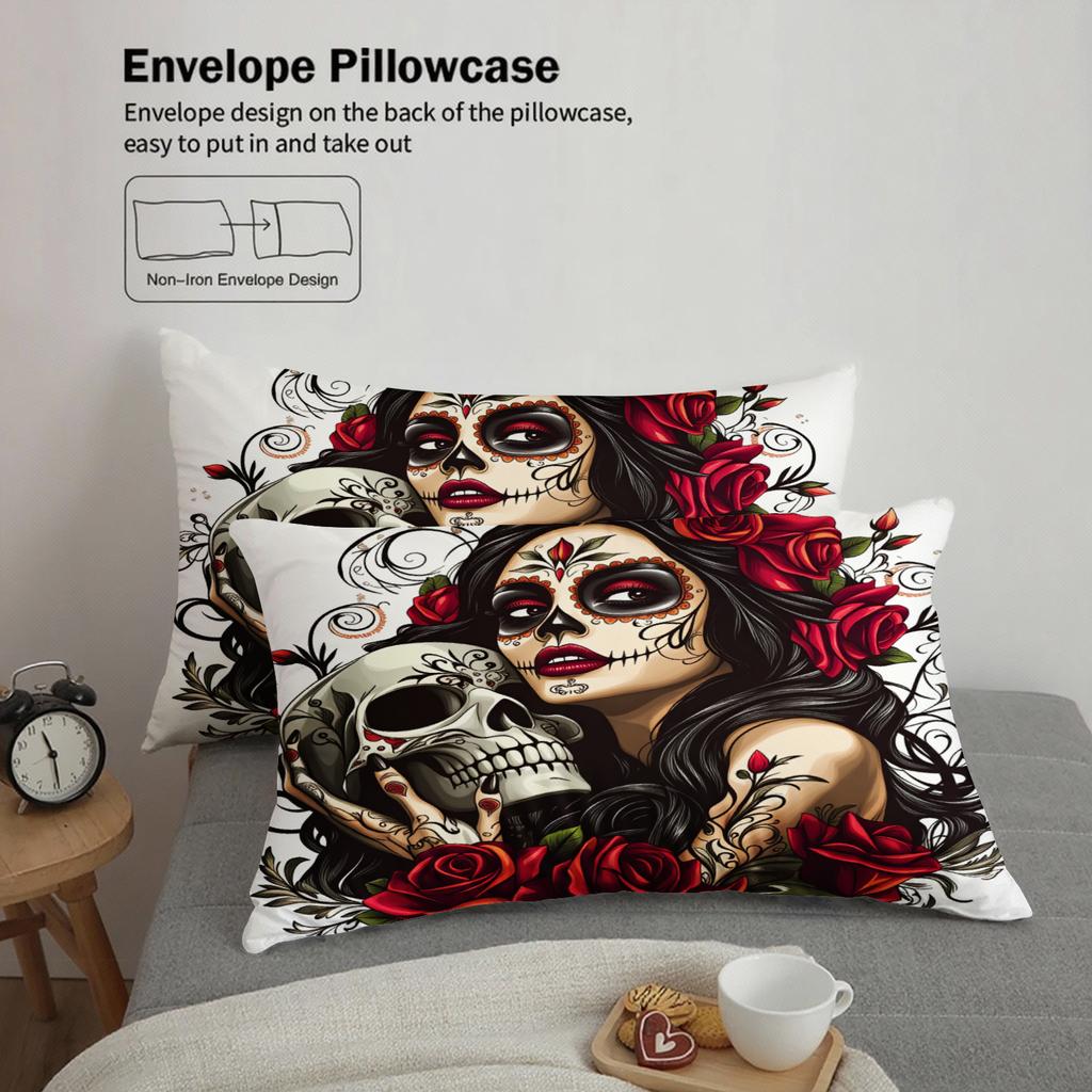 Ensemble de literie 3 pièces Femme Crâne de Sucre Imprimé 3D Jour des Morts Housse de couette avec taies d'oreiller Sans garnissage Taille Simple Jumeau