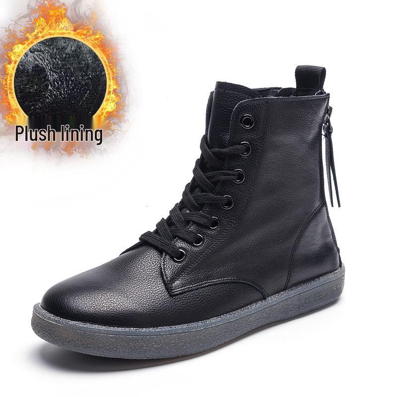 Women's Plus Size High-Top White Martin Boots - 2025 Versatile Autumn/Winter Flat-Bottom with Thickened Fleece and Double Zippers.