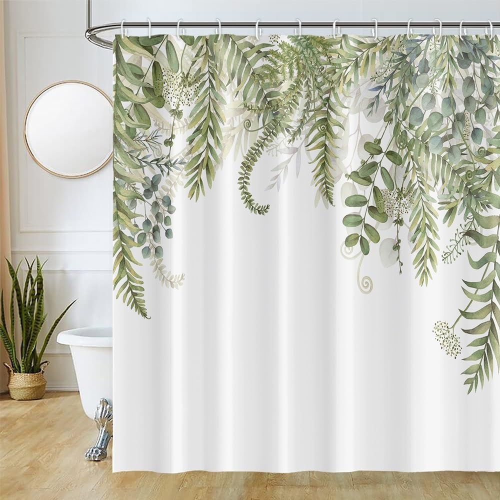 Abstract Green Gold Plant Pattern Shower Curtain Waterproof Washable Polyester Bathroom Curtain With 12 Hooks