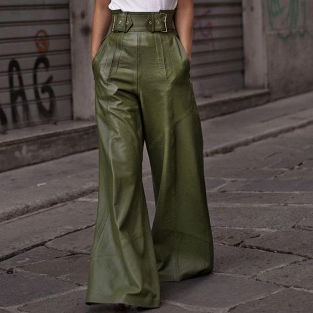 New Fashion Leather Pants, High Waist, Loose Pockets, Waist PU Leather Flared Pants, Casual Trousers, Belt Pocket Decoration