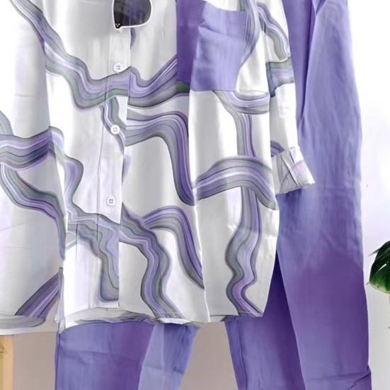 Women's Stripe Two Piece Outfit Long Sleeve Lapel Button Down Shirt Blouse And Pants Set Summer Casual Tracksuit