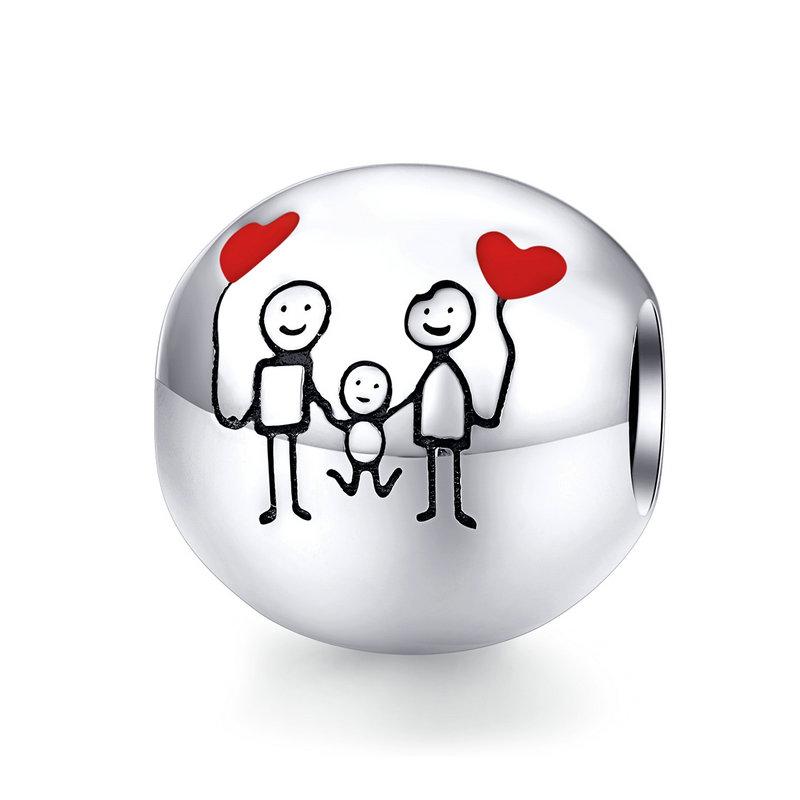 WOSTU 925 Silver Family Charm Plated Platinum Red Love Heart Beads Fit Bracelet Pendant Mother DIY Jewelry