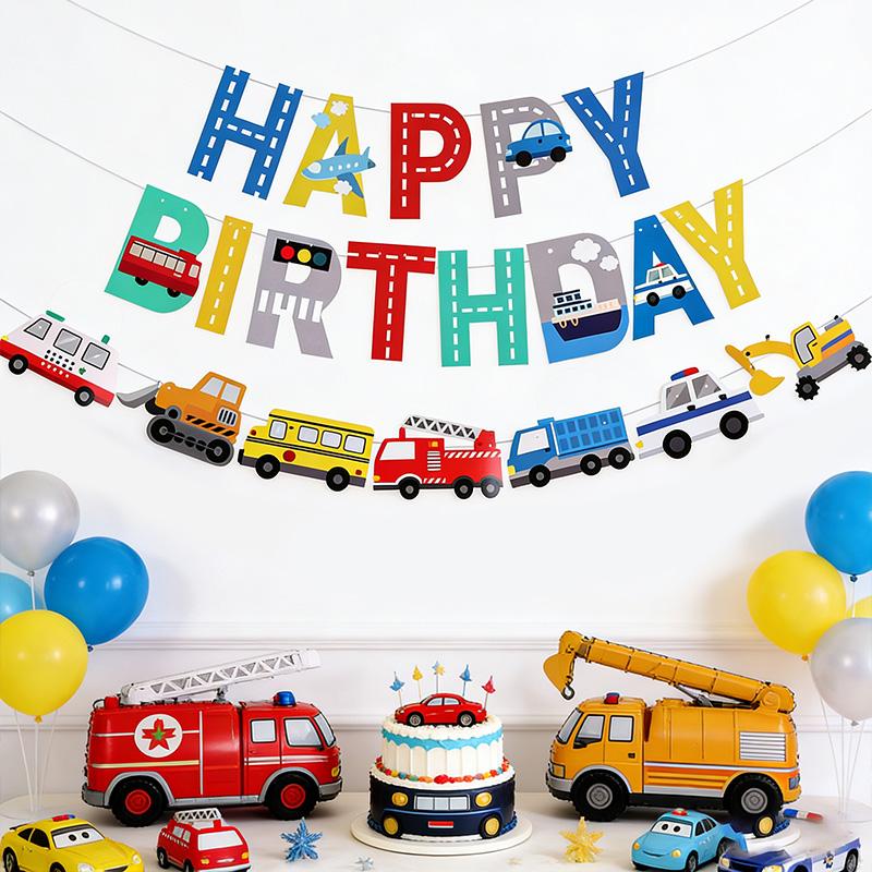 Cartoon Car Happy Birthday Banner Construction Vehicle Garland Kids Boy Birthday Party Decoration Favors Baby Shower Supplies