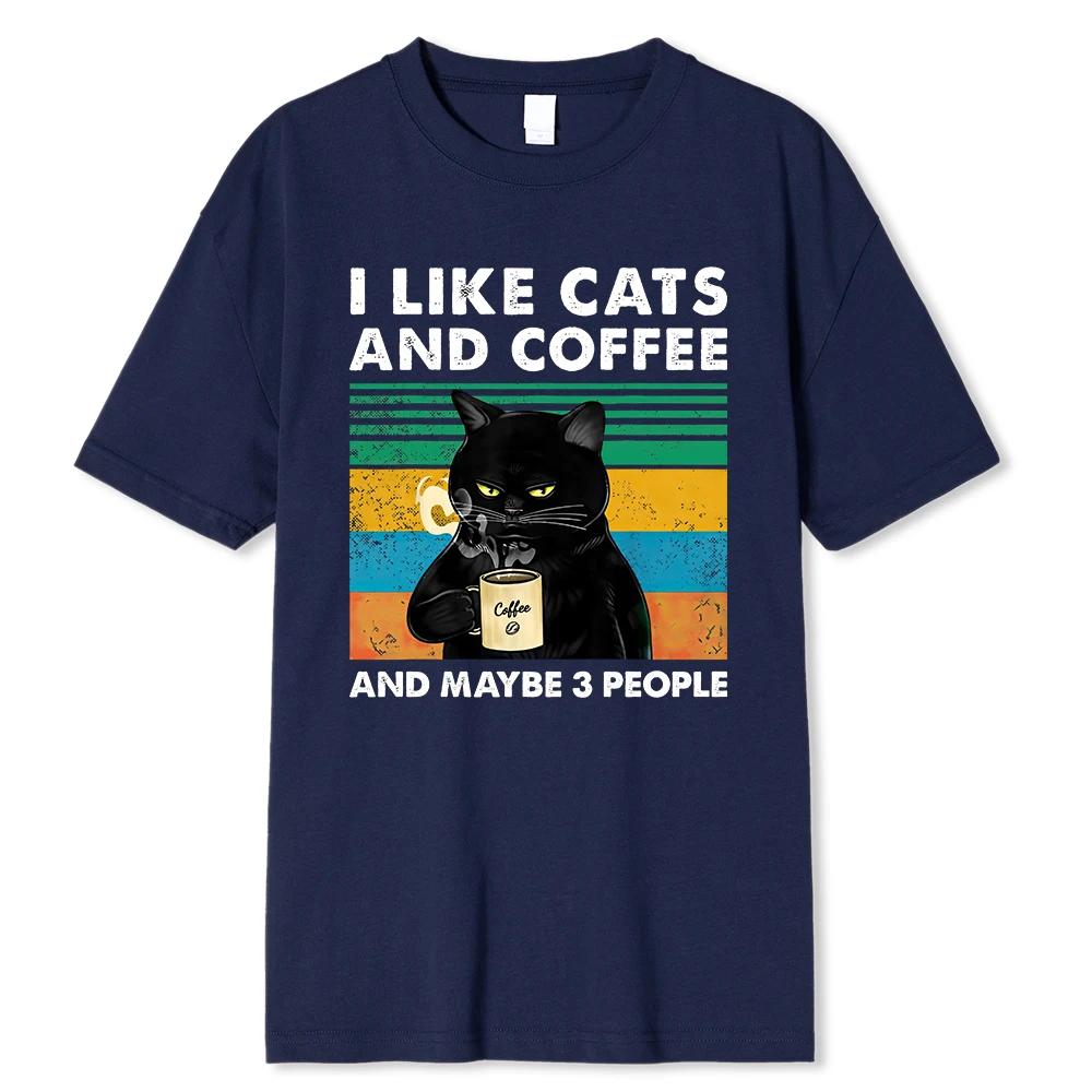 Men's I Like Cats And Coffee pattern printed 100% pure cotton short-sleeved T-shirt casual loose Harajuku top