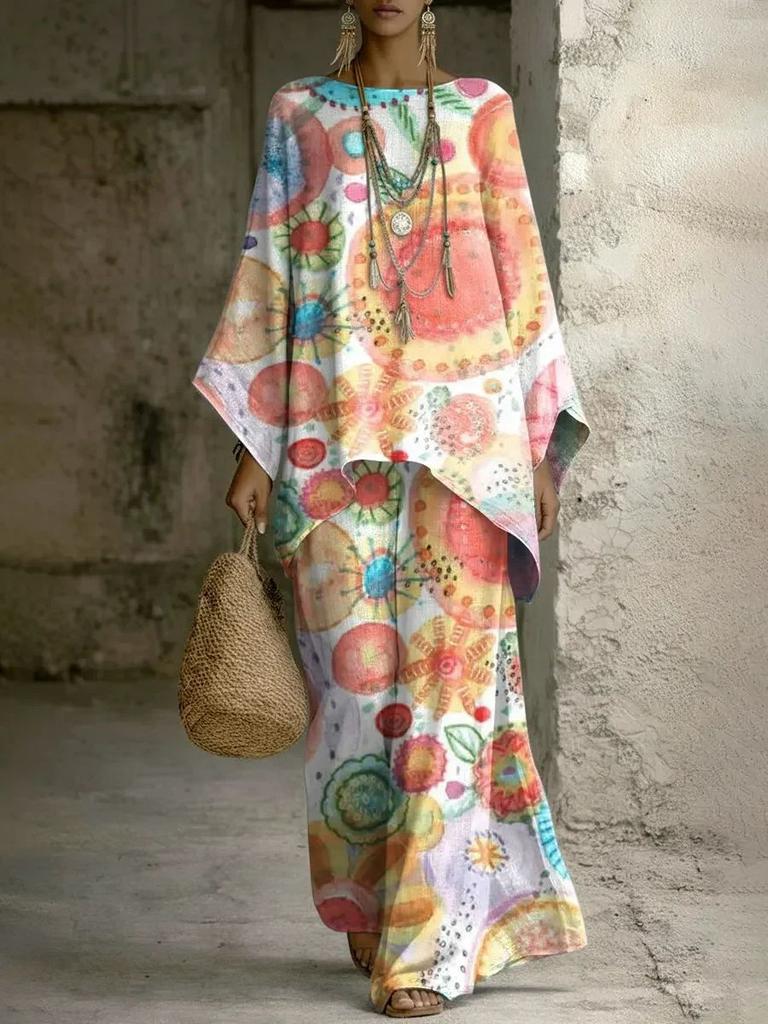 European and American Retro Bohemian Suit Exotic Print Loose Top Wide-leg Pants Temperament Casual Two-piece Set