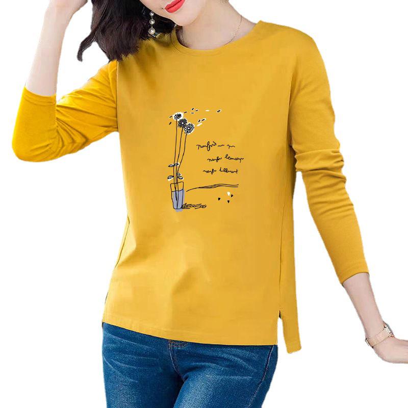 Women's 100% Cotton Long-Sleeve Split Round Neck Loose T-Shirt