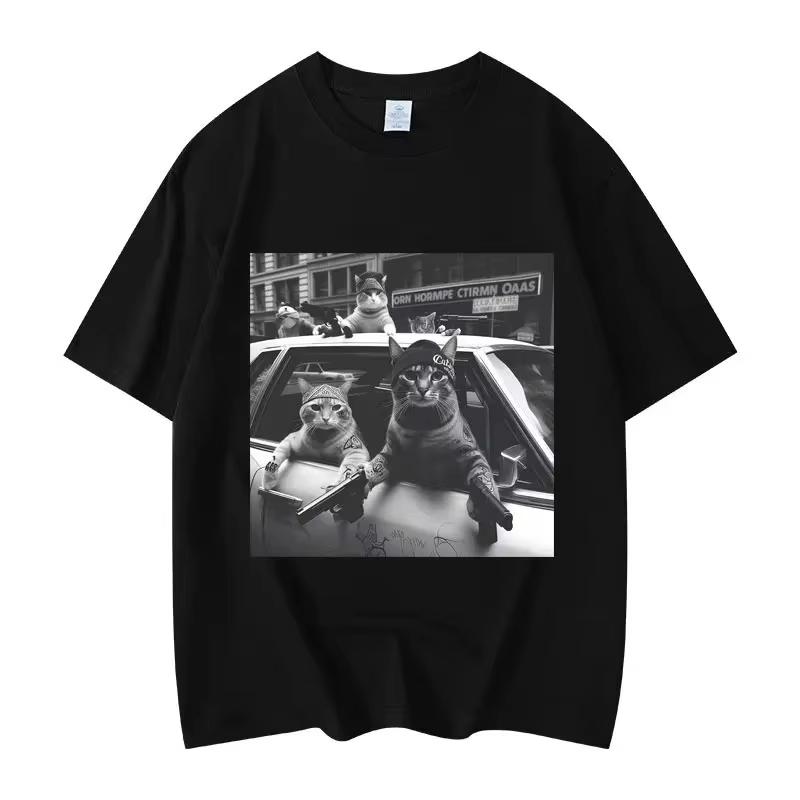 Mens and womens fashionable retro short sleeved Tshirt highquality oversized Tshirt fun cat help Meme pattern Tshirt
