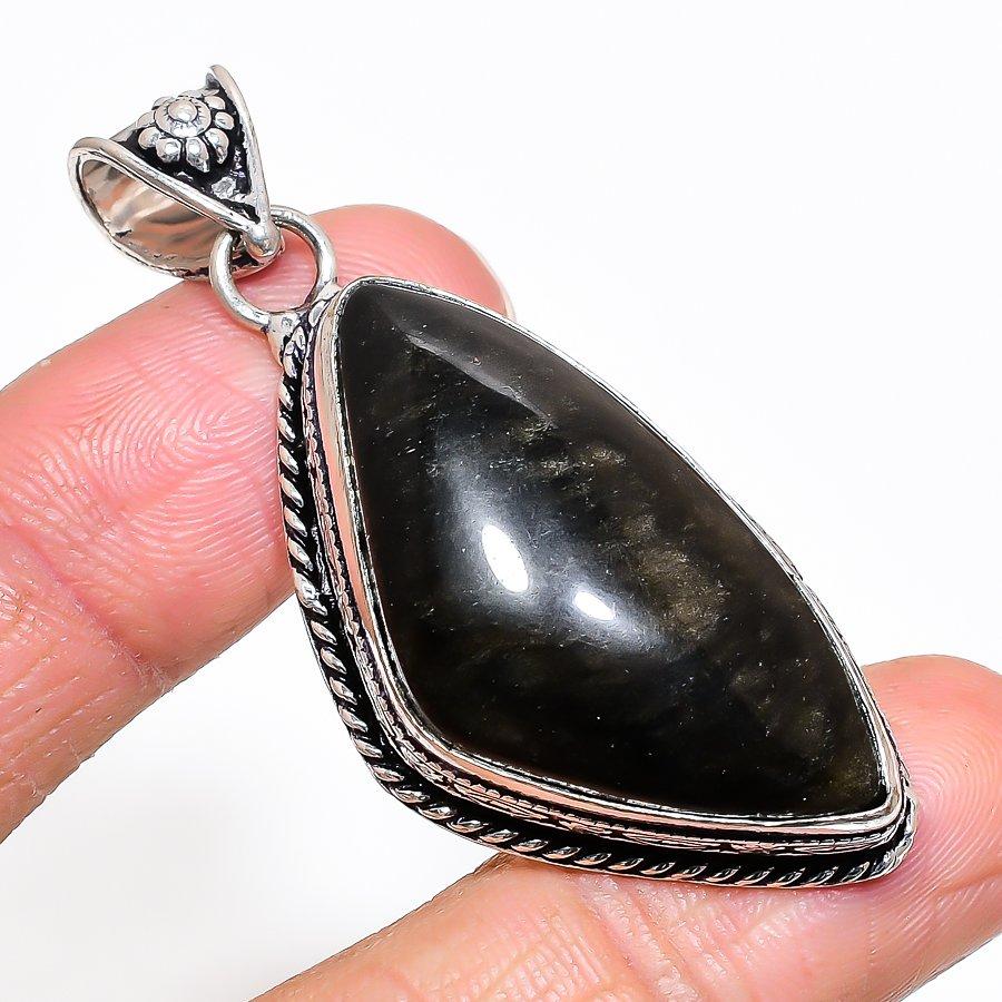 Natural Silversheen Obsidian 925 Sterling Silver Jewelry Pendant 2.36" h3G92
